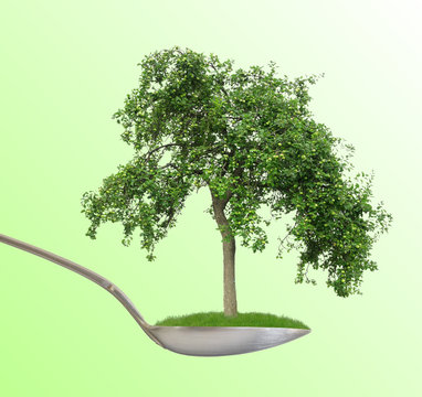 Symbol Makrobiotik L&ouml;ffel mit Apfelbaum als Freisteller vor gr&uuml;nem Hintergrund