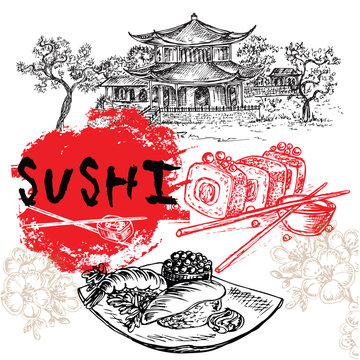 hand drawn sushi set collection