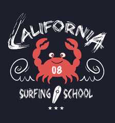 crab label (crab silhouette, crab icon, crab sign, crab symbol) / College California typography