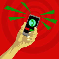 A hand holding a cell phone and there was an incoming call