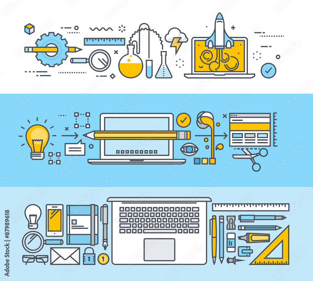 Poster set of thin line flat design concepts for graphic design, web design and design tools. vector illust