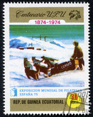 stamp printed in Equatorial Guinea, shows Dog sledding