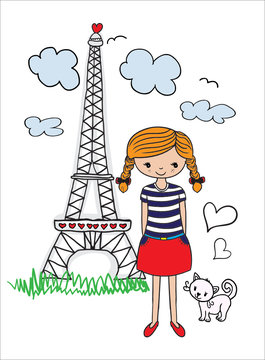 cute girl / marine-themed illustration girl / graphic design on summer vacation / a happy girl taking photos / T-shirt graphics / textile graphic/french girl/cat illustration