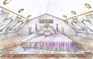 Hand drawn sketch of classic style bedroom