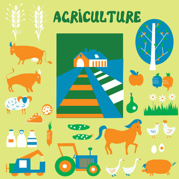 Agriclulture icons and pictures set - hand drawn funny style