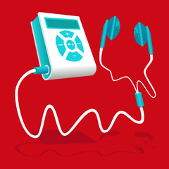 White blue MP3 player is connected to the earphone