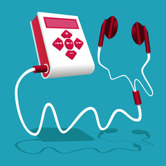 Red-white MP3 player connected to the earphone