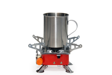 Portable gas torch with metal mug. Isolated on a white