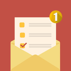 Yellow open envelope with check form and notification. Vector illustration.