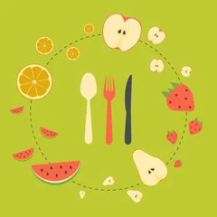 Gordijnen Fruits background in flat style. Template for menu. Vector illustration. © Martin Kalimon