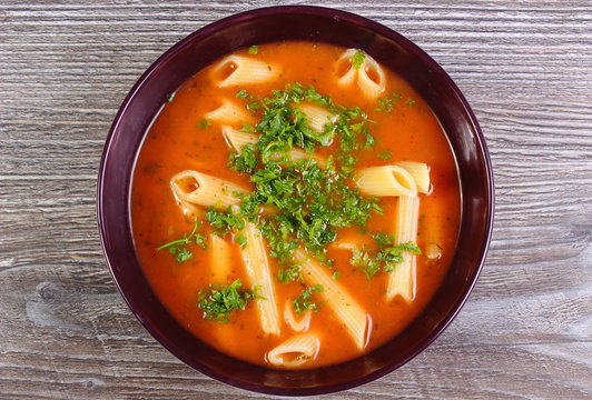 Close-up of tomato soup on a bowl