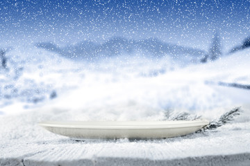 wooden table of snow and space for you 