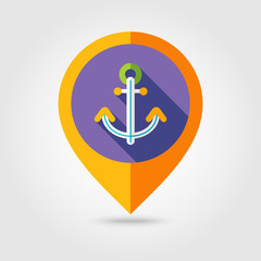 Anchor flat mapping pin icon with long shadow
