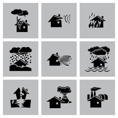 Vector black natural disaster icons set on grey background