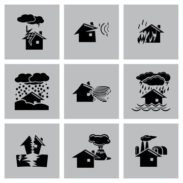 Vector black natural disaster icons set on grey background