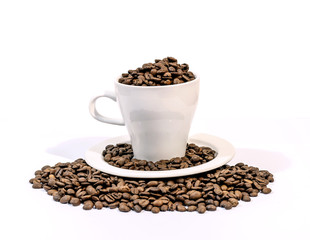 Coffee beans in a white coffee cup on a white background