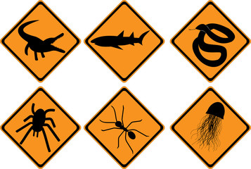 vector traffic information and warning signs about dangerous animals, amphibians and insects 