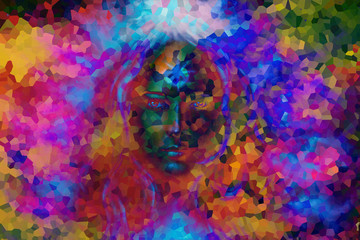 Obraz na płótnie Canvas mystic face women, with color background collage. eye contact .