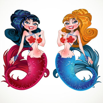 Brunette and Blond mermaids with pink and blue scales