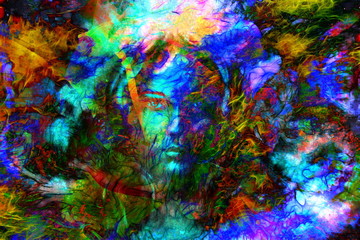Fototapeta na wymiar mystic face women with butterflies, color background collage. ey