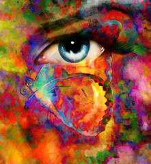 color butterflies and woman eye, mixed medium, abstract color background.