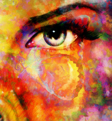 color butterflies and woman eye, mixed medium, abstract color background.