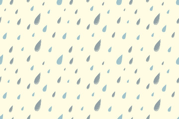 Rain seamless pattern, shiny warm summer day. Desaturated colors. Big blue raindrops falling from the sky