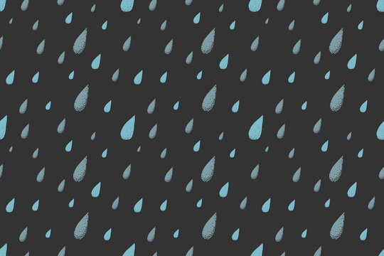 Rain seamless pattern, dark cold autumn night. Desaturated colors. Big blue raindrops falling from the gray sky