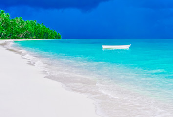 Deserted tropical beach and lonely boat