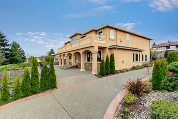 Large beautiful home with beamed balcony.
