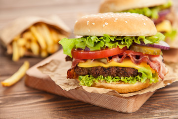 Delicious hamburger and fries