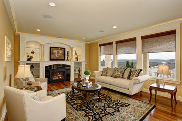Excellent living room with decorative rug.