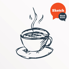 Hand drawn coffee cup. Sketched hot tea drink.