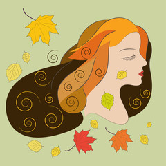 Young woman with autumn leaves, flat vector illustration - 88014067