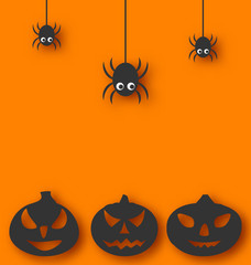 Halloween background with hanging spiders and pumpkins
