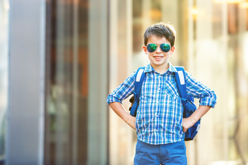Obraz premium Portrait of cute school boy with backpack