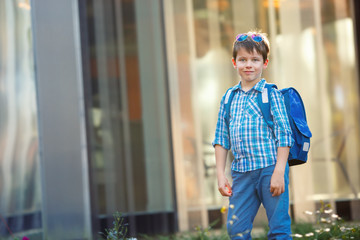 Portrait of cute school boy with backpack