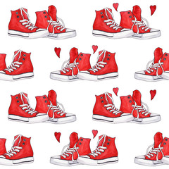 Watercolor red sneakers pair hearts seamless pattern background
