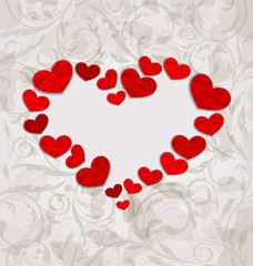 Floral background with crumpled paper hearts for Valentines Day