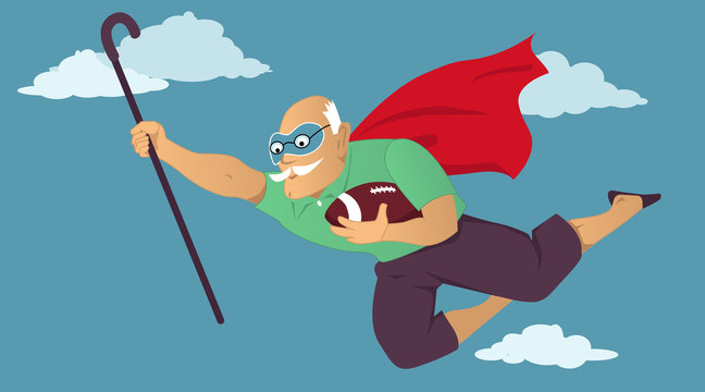 Senior man in a superhero cape and a mask flying with a football and a cane in his hands, EPS 8