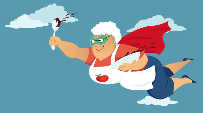 Senior woman in a superhero cape and a mask flying with a bowl of chocolate cake butter or pudding in her hands, EPS 8