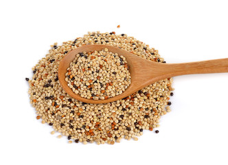  seed mixture in the wood spoon isolated on white background. Pe