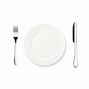 Vector Dinner plate with knife and fork, isolated on white