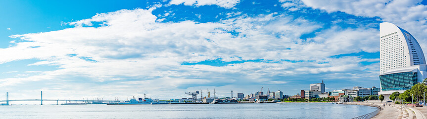 Fototapeta na wymiar Port of Yokohama viewed from the Rinko Park in Yokohama, Japan.