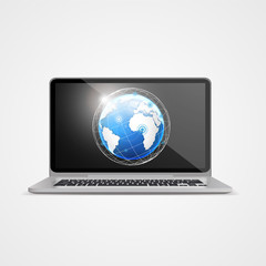 Vector illustration of laptop with globe illustration at background