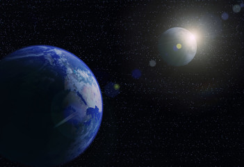 Planet Earth, moon and sun. Space sunrise