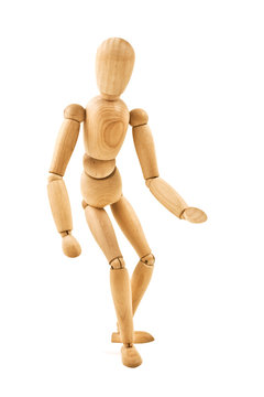 running  wooden mannequin isolated on white background
