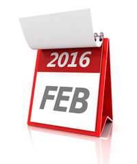 February of 2016 calendar, 3d render