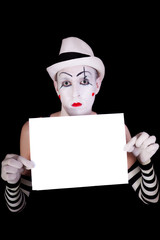 mime in striped gloves  holding white blank