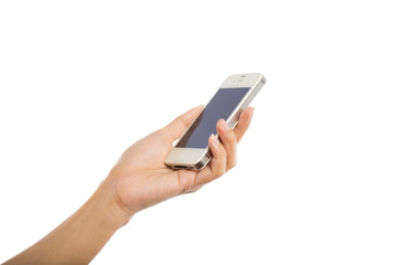 Human hand holding blank mobile smart phone isolated on white ba